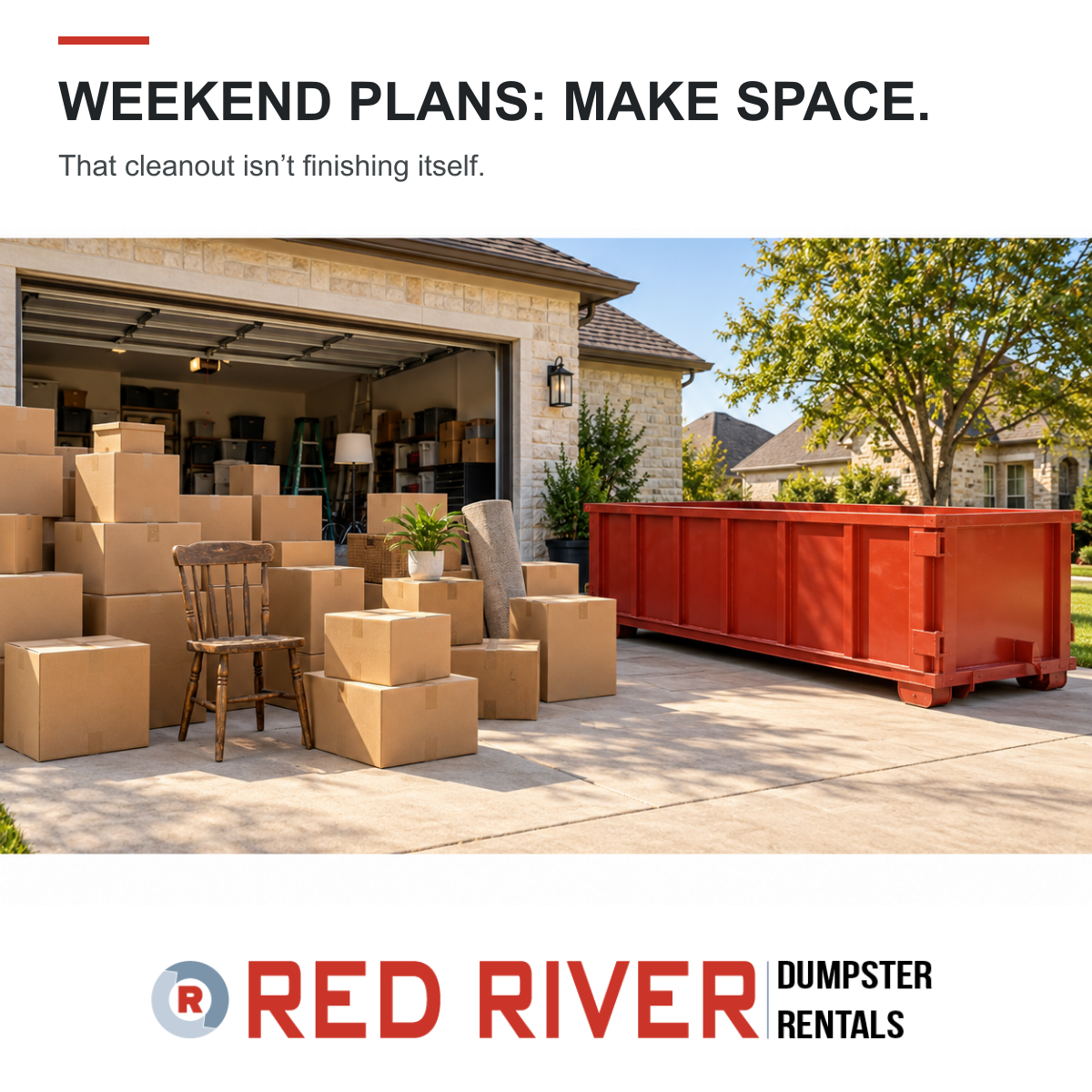 Branded illustration of a dumpster for a home cleanout beside garage boxes.