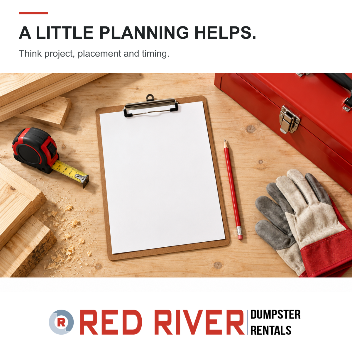 Branded illustration of a clipboard and tools for planning a dumpster rental period.