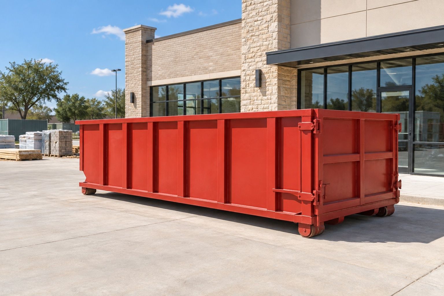 Illustration of a red roll-off dumpster beside a commercial renovation