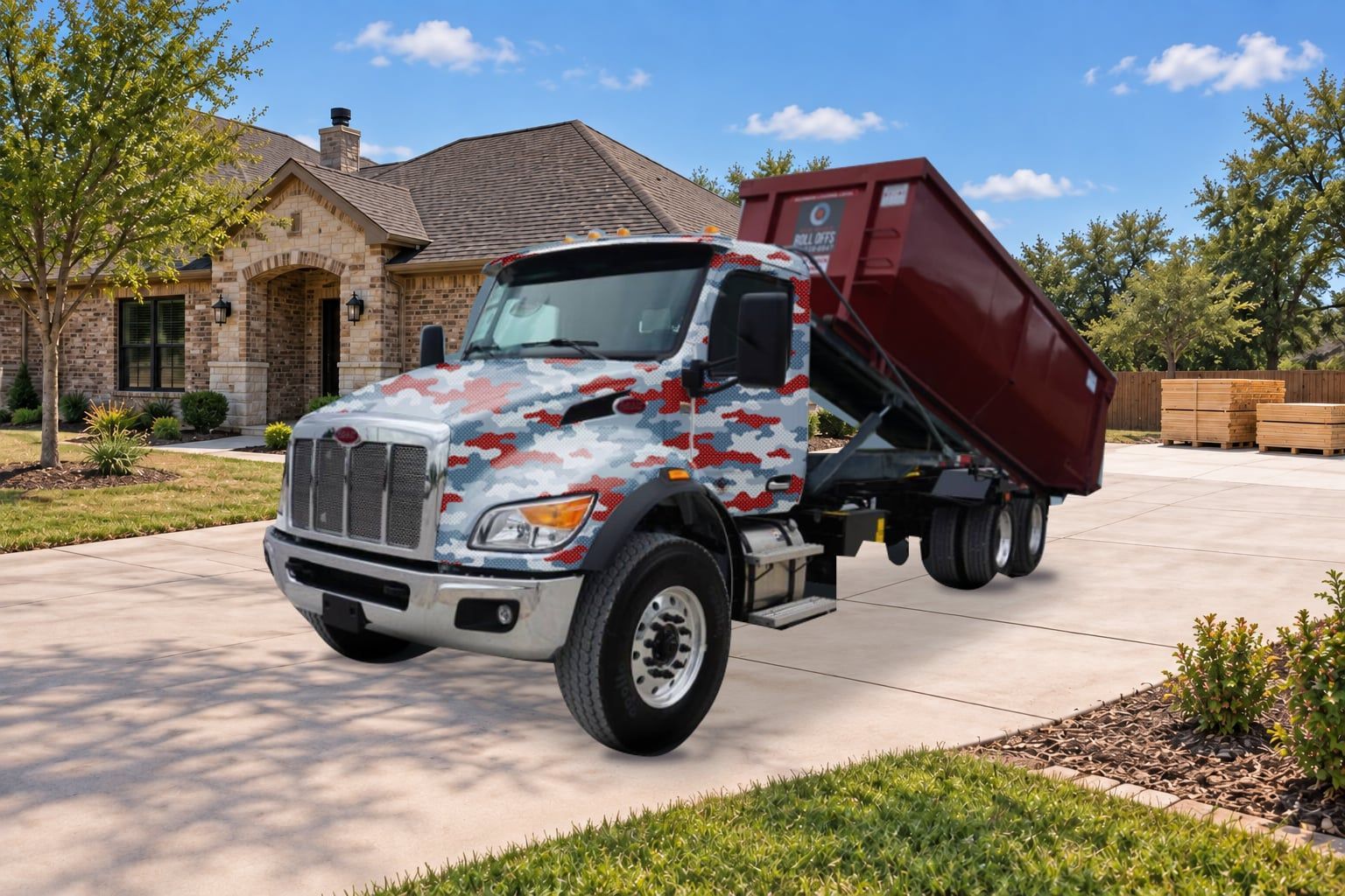 Composite illustration of the Red River wrapped truck at a residential jobsite