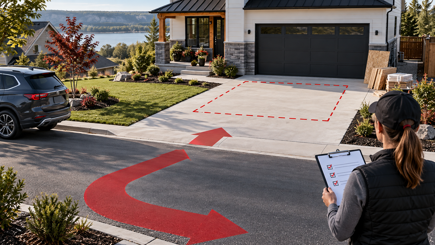 Planning illustration of a proposed dumpster placement area, clear driveway approach and site contact with a checklist